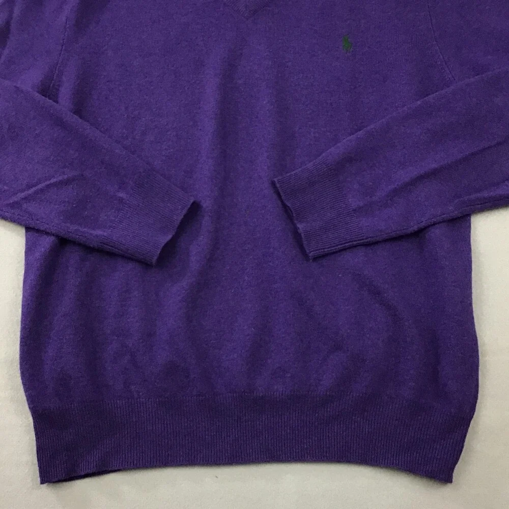 Polo Ralph Lauren Sweater Men Large PurpleSolid V-Neck Pullover Knit Pony Wool